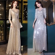 Women's Champagne Golden Evening Dress Banquet Sequins Fashion Prom Party Dress Maxi Gown Formal Eve