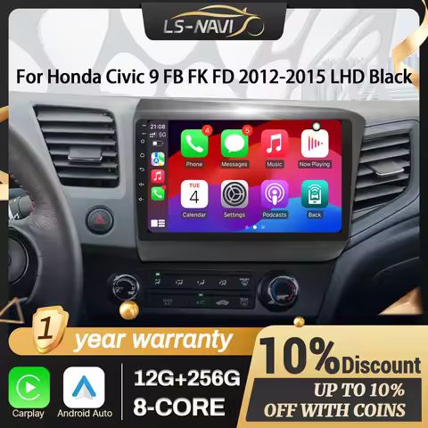 For Honda Civic 9 FB FK FD 2012-2015 LHD Black Android 14 Car Radio Multimedia 4G Wireless CarPlay T