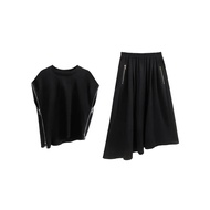 XITAO Black Casual Dress Sets Loose Simplicity Zipper Splicing Bat Wing Short Sleeve Top Skirt Two Pieces Sets HQQ0825