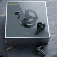 wireless gaming earbuds CAZA A06 true wireless gaming earbuds with a black and green design,