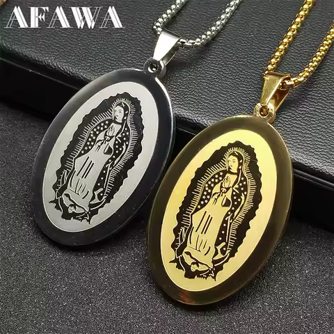 Catholic Virgin Mary Medal Necklace for Women Men Stainless Steel Gold Color Religious Guadalupe Pra