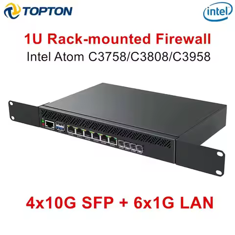 Topton 1U Rack Mounted Firewall Mini PC Intel Atom C3758 C3808 C3958 4*10G SFP 6*1G LAN DDR4 NVMe pf