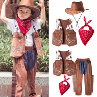 Cowboy Outfit for Kids Boy 1-15 Years Old Brown Vest Cowboy Hat Scarf Set Unisex Cosplay Costume Bir