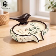 [Serenable] Vintage Style Ceramic Soap Rest with Drainage Spout for Countertop Bird Pattern Ivory Gl