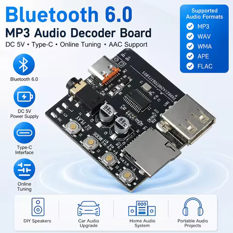 BLUETOOTH 6.0 Audio Receiver Module DC 5V MP3 Decoder Board TYPE‑C USB‑A Port Support AAC Online Tun