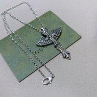 💥現貨💥酷颯朋克風復古做舊925銀皇冠翅膀十字架項鍊 | GUCCI Crown Wing Cross Silver Necklace|
