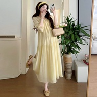 Light, elegant long yellow silk chiffon maternity dress with 2 layers for pregnant mothers by Rabbit