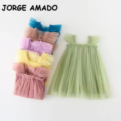 New Summer Kids Girl Dress Sling Sleeveless Square Collar Solid Color Mesh Princess Beach Dresses Ch