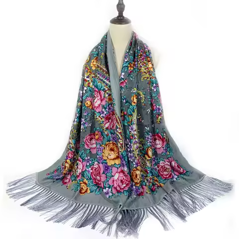 Russian National Scarf Women Floral Print Bandana Shawl Ethnic Fringed Handkerchief Babushka Hijab H