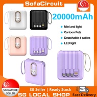 【SG Local Seller】Powerbank Mini Pocket 20000mah 2.1A Fast Charging Cartoon Pets Detachable 4 Cables with LED light Lany