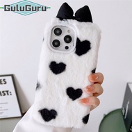 สำหรับ OPPO Reno2 Reno3 Reno4 Reno5 Reno6 Reno7 Z ค้นหา X3 Pro Furry Case Love Heart รูปแบบ + Bowknot หูและ Polka Dot วัวจุด + หนัง Horn ขนปุยปกหลังกรณี