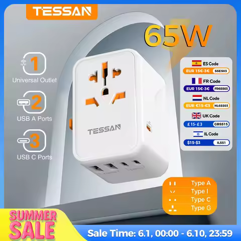 TESSAN 65W GaN Travel Adapter Universal Socket with 2 USB 3 Type C Fast Charging Internaitonal Power