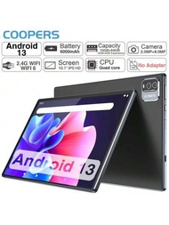 Coopers Tablet Android 13平板電腦,10gb (4gb+6gb擴充)記憶體,64gb Rom,支援wi-fi 6,2+8 Mp雙攝相機,rk3562四核2.0 Ghz處理器,10.1英寸ips全高清顯示平板電腦,適用於在線課程、閱讀,6000mah 長效電池,支援tf卡512gb擴充