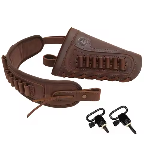 Tactical Leather Buttstock Ammo Holder with Gun Matcted Sling & Swivels for Rifle Shotgun .308 30-30