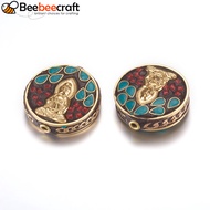 2pcs Handmade Indonesia Beads with Brass Findings Nickel Free Flat Round with Guan Yin Goddess of Me