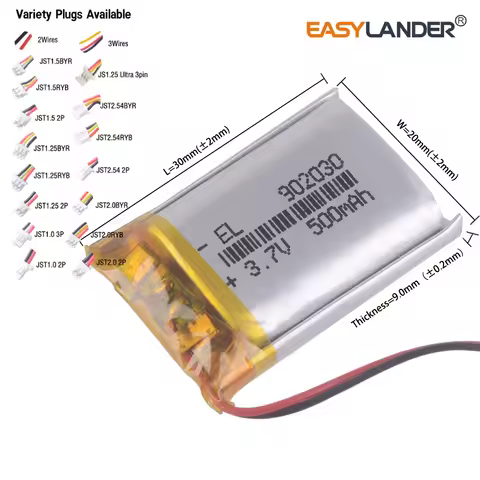3.7V 500mAh 902030 JST2.0 2P JST1.25 2P Rechargeable Lipo Lithium li-Polymer Li-ion Battery