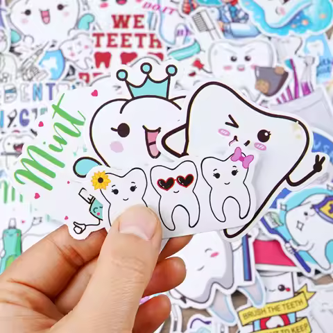 50pcs Dental Cute Tooth Shaped Stickers Dentist Store Toothbrush Cartoon Decal DIY Wallstickers Deco
