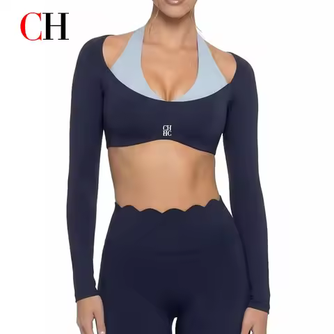 CH Women Long Sleeve Crop Top Slim Fit Yoga Shirt Workout Sportswear Fitness Activewear Casual Gym T