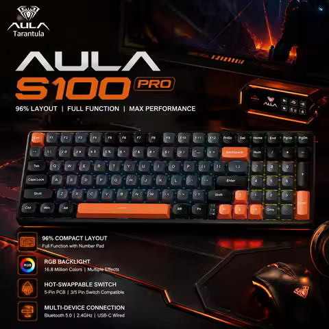 AULA S100PRO 98% Layout Tri-Mode Hot Swappable Mechanical Keyboard RGB PBT Keycaps Wireless Gaming K