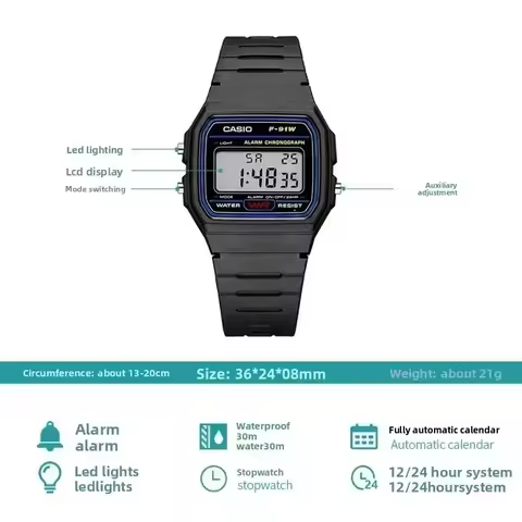 Casio F-91W-1 Retro Digital Watch 38.2mm Square Case 30M WR LED Light 1/100 Stopwatch Alarm 7-Year B