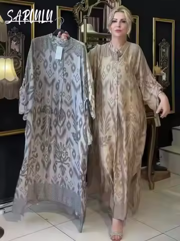 2026 Muslim Printing Loose Evening Dress, Charming High Neck Cocktail Gown, Vintage Abaya Women Kaft