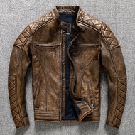 Halei Harley First Layer Cowhide Genuine Leather Jacket Men Slim-fit Stand-up Collar Retro Distressed Motorcycle Leather Jacket Cycling Jersey