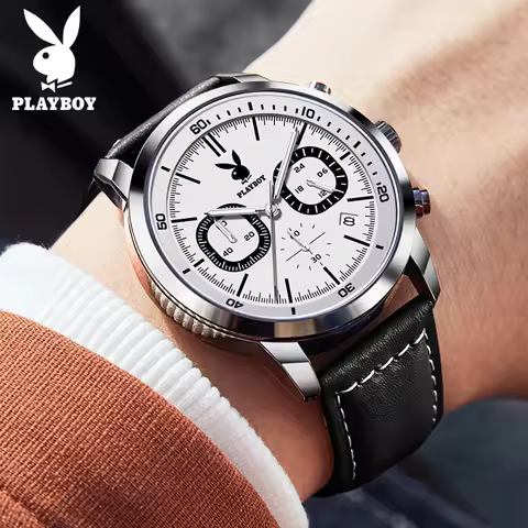 PLAYBOY 3065 Mens Watch Multifunctional Quartz Watch Waterproof Luminous Leather Strap Date Wristwat