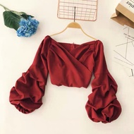V collar pleated bishop long sleeve blouse