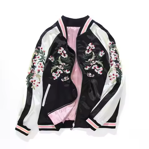 Women's Satin Sukajan Embroidered Bomber Baseball Jacket Double 2 Sided Female Coat Floral Harajuku 