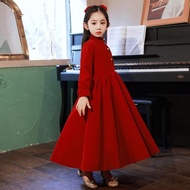 紅色女童高端鋼琴演奏長款禮服
