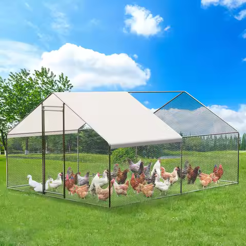 Large Metal Chicken Coop Run Spire Roof Walk-in Pen Poultry Cage with Cover & Lockable Door for Farm