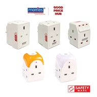 Morries 3 Way Multi Adapter Plug with Switch / Neon Light - 2 &amp; 3 Pin Friendly