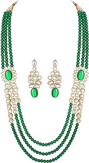 Faux Kundan Stone Studded Three Layered Green Beads Necklace Earrings Ethnic Bollywood Indian Fashion Jewellery Set for Women