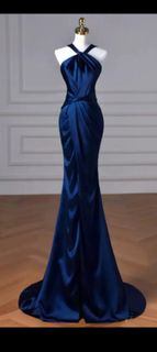 深藍色絲質晚裝 魚尾拖地長裙 grad din prom dress