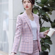 【2 IN 1 Set】Women's Plaid Blazer Korean Style Slim Fashion Professional Suit Set Casual Blazer Coat Plus Size Office Wear