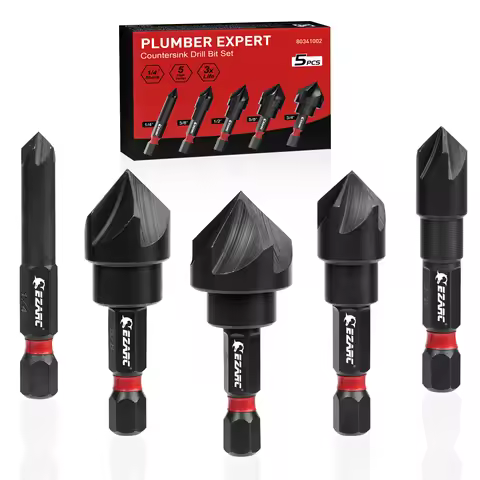 EZARC 5PCS Countersink Drill Bit Set for Metal, 1/4 Inch Hex Shank Countersunk Bits 82 Degree 5 Flut