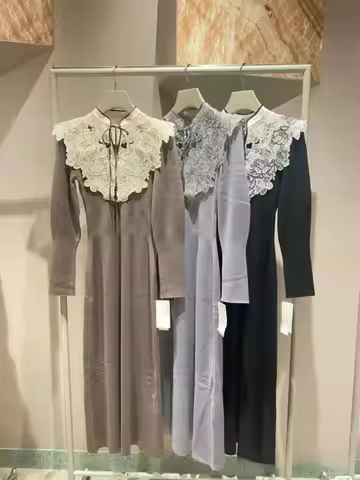 Kuzuwata Sweet Peter Pan Collar Long Sleeve Dresses Slim Fit Lace Elegant Fresh Vestidos Japan Knit