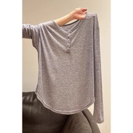 Gray Loose Fit Button Collar Long Sleeve Women's T-Shirt - Unique Curved Hem | COD Available 8XNE