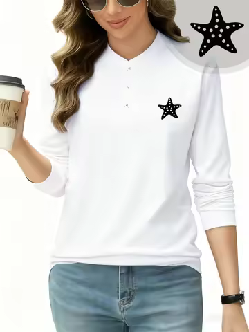 Starfish Prints Women Henley Shirt Cotton Autumn Casual T-Shirts Warm Base Layer Undershirt Basic Lo