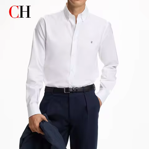 CH Mens Solid Color Long Sleeve Shirt Classic Collar Letter Embroidery Premium Fabric Casual Daily C