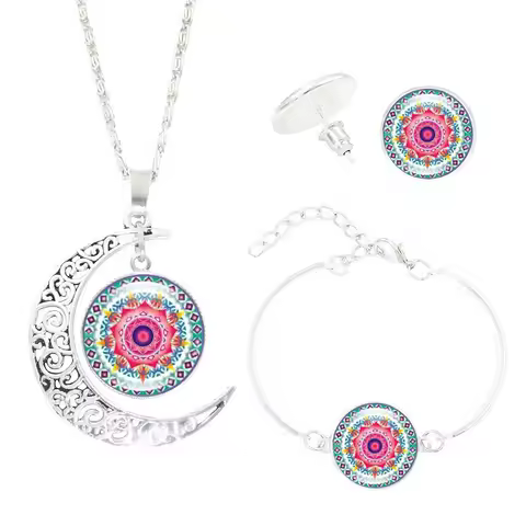 Mandala Flower Moon Glass Time Gem Necklace Set Necklace + Earrings + Bracelet Jewelry Set