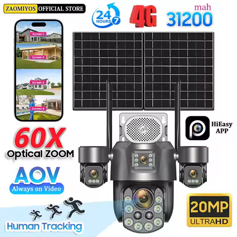 20MP 4 Lens 4 Screens Home 4G Solar Cameras Outdoor 24/7 Record Surveillance 60X Optical Zoom Auto T