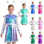 inhzoy 2Pcs Kids Girls Halloween Alien Cosplay Costume Outer Space Cutie Costume Dress with Alien Ha