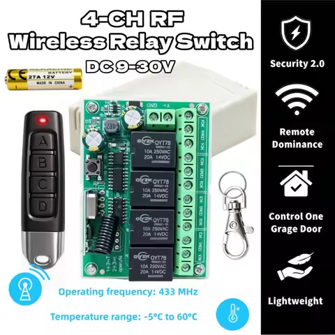 Wireless Remote Control DC 6V 12V 24V 30V 4CH RF Relay Receiver and 433MHZ Transmitter for Garage/Li