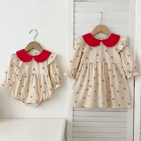Sisters Clothes Infant Baby Girls Ruffled Dress Rompers Sisters Baby Girls Cherry Print Princess Dre