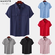Unisex Linen Short Sleeve Square Collar Solid Color Button Shirt with Two Pockets Men's Casual Cotto