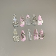 Y2K Pink Gyaru French Almond Handmade Press On Nails 3D Butterfly Stars Cross Diamond Fake Nails Cut