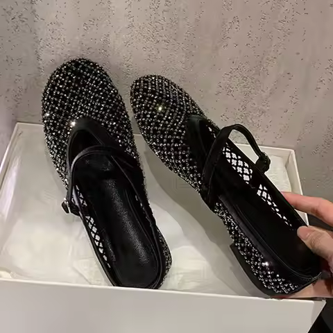 Eilyken Fashion Elegant Crystal Breathable Mesh Round Toe Mule Slippers Women Low Heels Buckle Strap