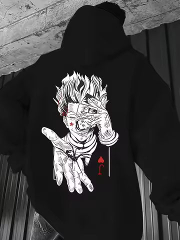 Men's Black Hisoka Hunter x Hunter Anime Hoodie with Joker Card Back Print, Gothic Streetwear Pullov