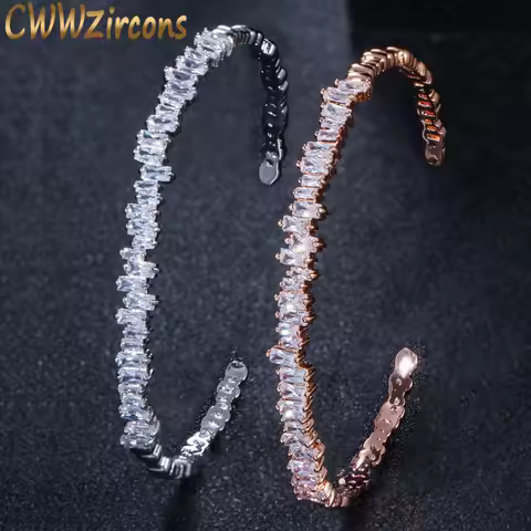 CWWZircons Noble Fashion Square Cut Baguette Cubic Zirconia Crystal Opening Cuff Bangle Bracelet For